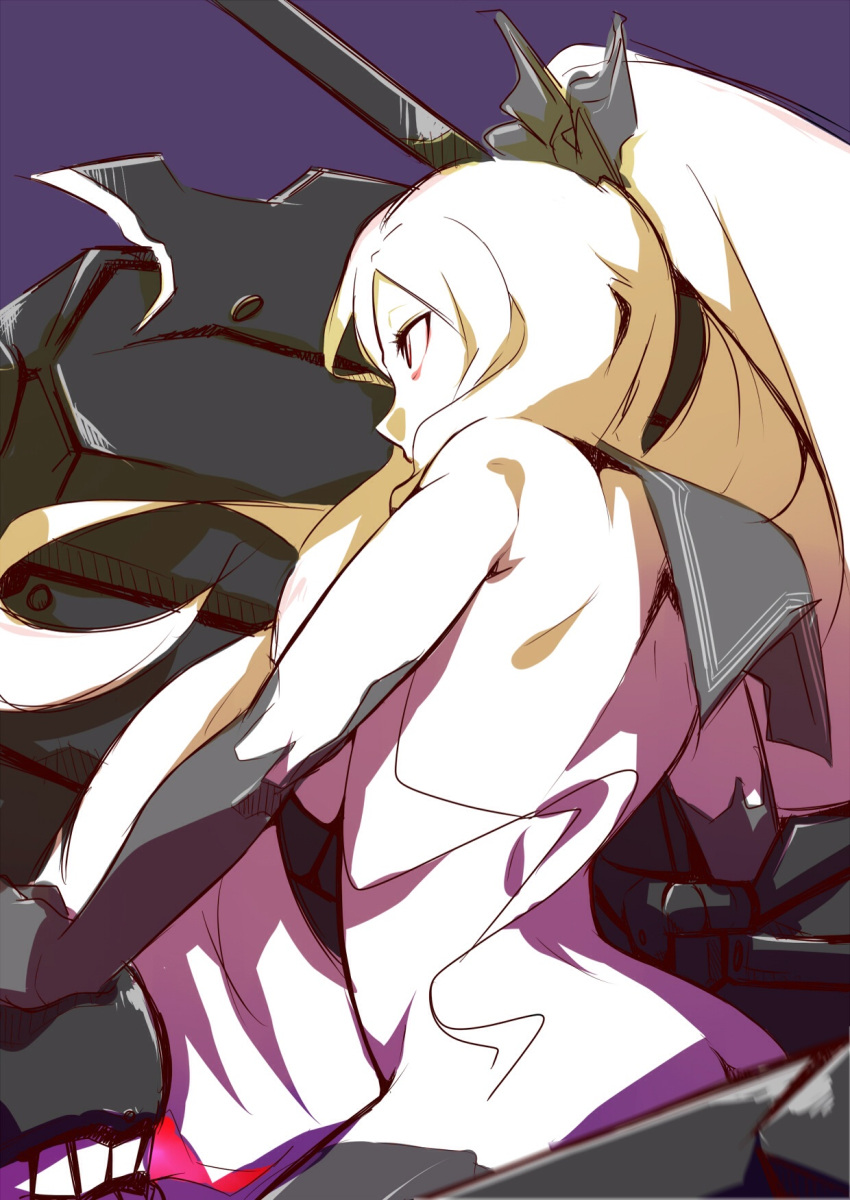 1girl armored_aircraft_carrier_hime ass back bare_shoulders breasts hair_ribbon highres kantai_collection long_hair manabebebe ponytail purple_background red_eyes ribbon sailor_collar sideboob solo very_long_hair white_hair white_skin