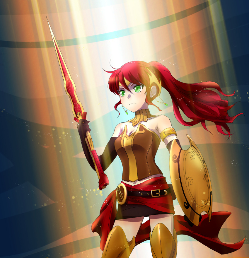 1girl armlet armor bare_shoulders belt black_gloves breastplate breasts buckle cleavage corset elbow_gloves forehead_protector gloves gorget greaves green_eyes helpyourselfish highres jewelry light_particles light_rays long_hair medallion neck_ring ponytail pyrrha_nikos redhead rwby sarong serious shield skirt solo spotlight sword weapon