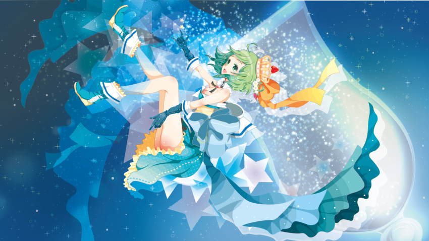 1girl :d \m/ arishiki blue_gloves breasts cleavage crown elbow_gloves falling gloves green_eyes green_hair gumi looking_at_viewer open_mouth smile solo vocaloid