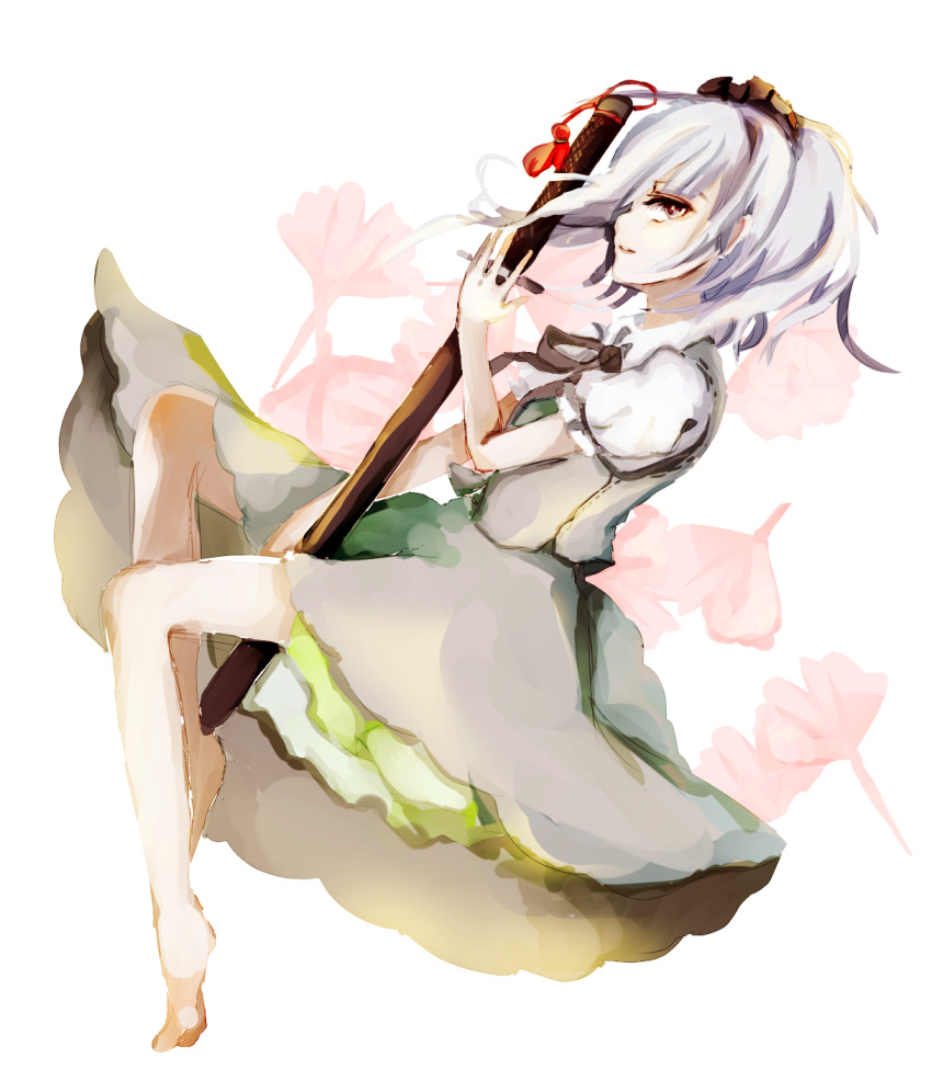 1girl ascot barefoot black_ribbon bow dress dress_shirt flower green_dress grey_eyes hair_bow hairband highres konpaku_youmu lips looking_at_viewer lying nakaikane on_floor on_side open_mouth parted_lips puffy_short_sleeves puffy_sleeves ribbon scabbard sheath sheathed shirt short_hair short_sleeves silver_hair simple_background skirt skirt_set smile solo tassel touhou vest white_background