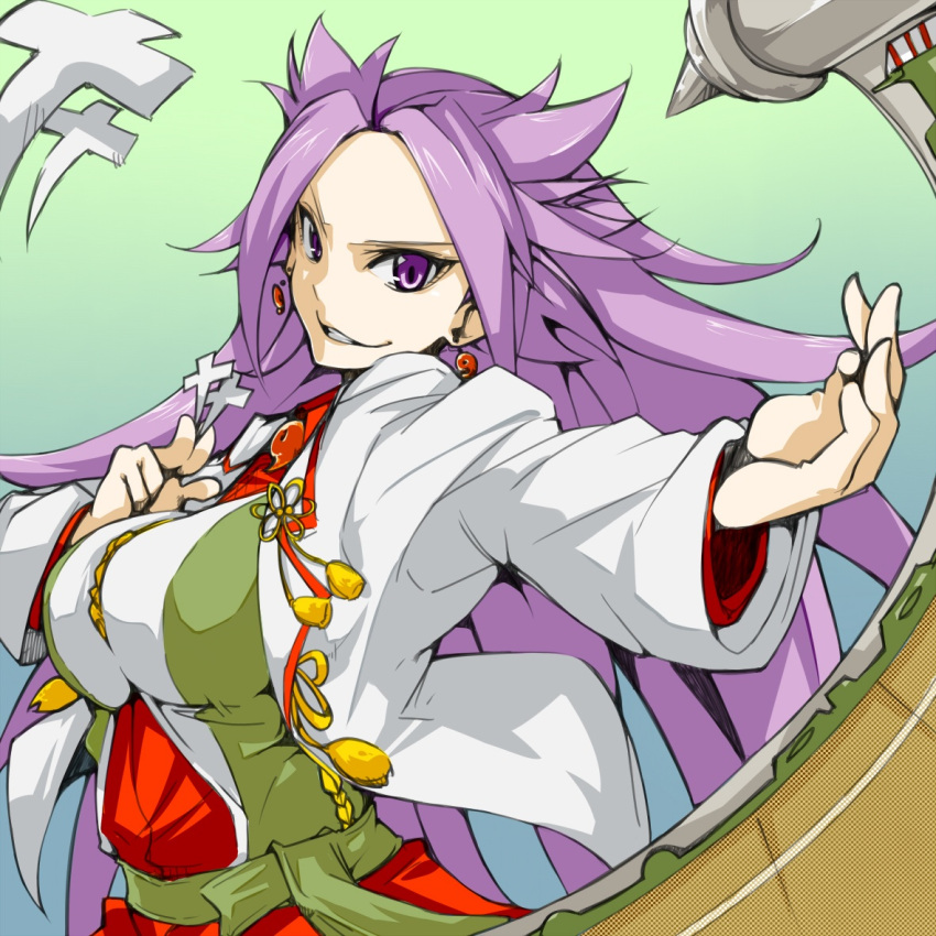 1girl earrings grin japanese_clothes jewelry jun'you_(kantai_collection) kantai_collection long_hair looking_at_viewer manabebebe purple_hair scroll shikigami smile solo violet_eyes