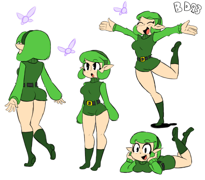 1girl ass bigdead93 black_eyes boots collage fairy green_hair highres kokiri lying ocarina_of_time on_stomach pointy_ears saria short_hair small_breasts smile solo the_legend_of_zelda unitard