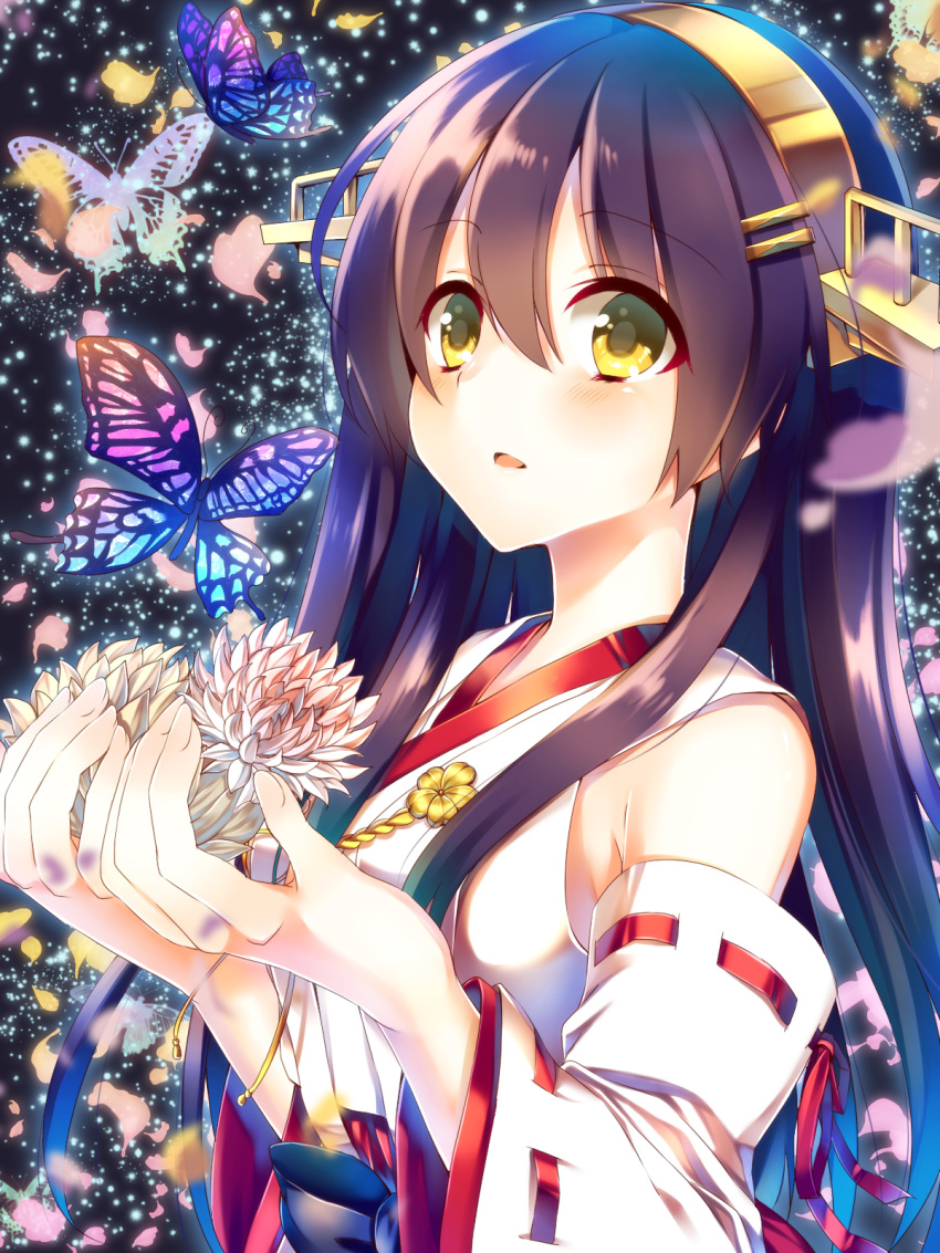 1girl bare_shoulders black_hair butterfly detached_sleeves flower hair_ornament hairband hairclip haruna_(kantai_collection) highres japanese_clothes kantai_collection long_hair lotus nontraditional_miko open_mouth saijou_yukina solo