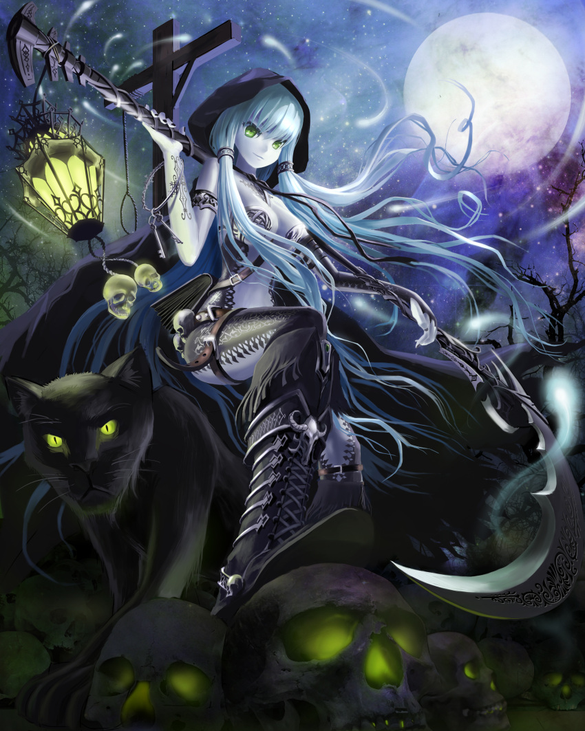 1girl absurdres aqua_hair armband bare_shoulders bare_tree belt black_boots black_nails black_panther book boots breasts carrying carrying_over_shoulder cross-laced_footwear death_(entity) death_(tarot_card) elbow_gloves fingerless_gloves fringe full_moon gallows gloves glowing green_eyes grim_reaper highres hitodama hooded_cloak key keyring lantern large_breasts long_hair looking_at_viewer moon nail_polish night night_sky noose original ost02 pale_skin panther revealing_clothes rope scythe single_glove skull sky smile solo strap_cleavage tarot tattoo thigh_strap tree twintails very_long_hair