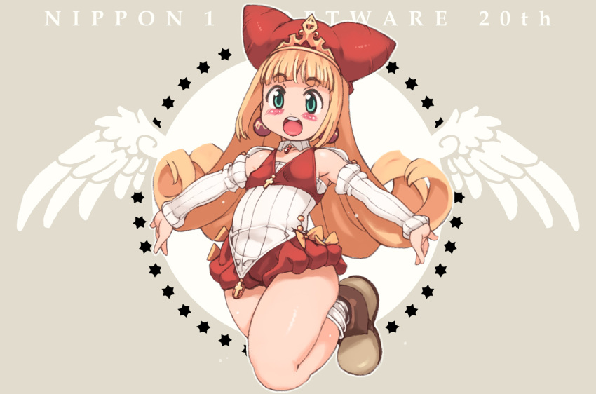 1girl :o anniversary arm_warmers blonde_hair blush detached_collar flipped_hair green_eyes hat jumping kururu_(little_princess) little_princess long_hair marl_kingdom nippon_ichi official_style open_mouth outstretched_arms shoes shorts smile solo spread_arms wings yu_3