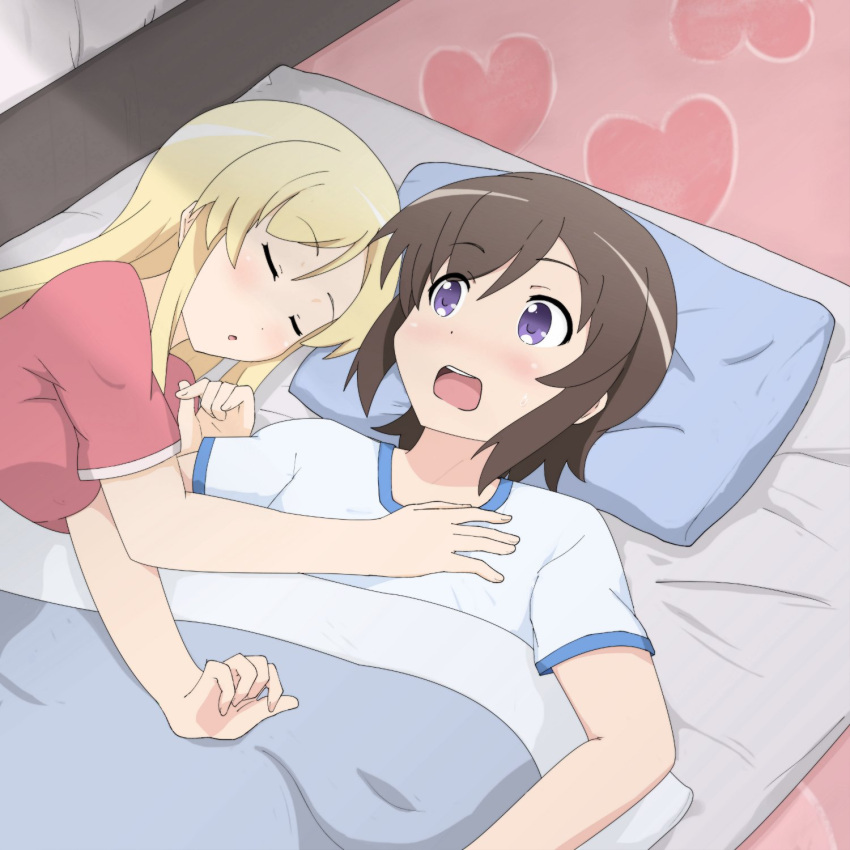 2girls bed blonde_hair blush brown_hair closed_eyes futon futsuu_no_joshikousei_ga_locodol_yattemita highres hug kohinata_yukari long_hair maimai251 multiple_girls open_mouth shared_blanket short_hair sleeping usami_nanako violet_eyes