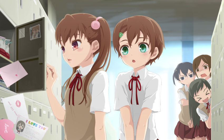&gt;_&lt; 1boy 4girls :d :o androgynous black_hair blush brother_and_sister brown_hair crossdressinging dress_shirt green_eyes highres letter long_hair love_letter multiple_girls open_mouth original peeking_out rectangular_mouth red_eyes school_uniform shaded_face shirt shoe_lockers shoes short_hair siblings skirt smile sweater_vest trap twintails uniform uwabaki yuki18r