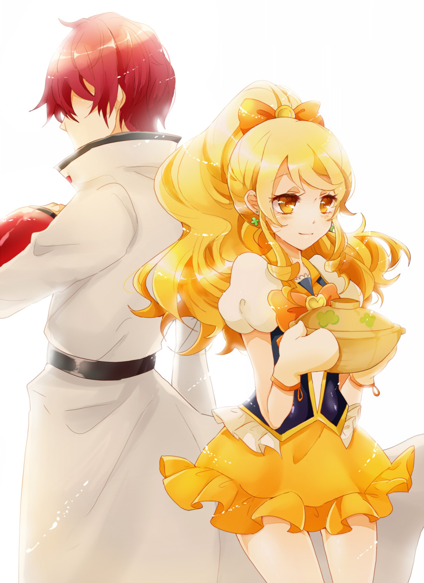 1boy 1girl back-to-back blonde_hair bow bowtie brooch coat cure_honey earrings gauntlets hair_bow happinesscharge_precure! highres jewelry long_hair magical_girl oomori_yuuko oven_mitts phantom_(happinesscharge_precure!) precure redhead rice_cooker skirt smile white_background yellow_eyes yellow_skirt yutsuchi