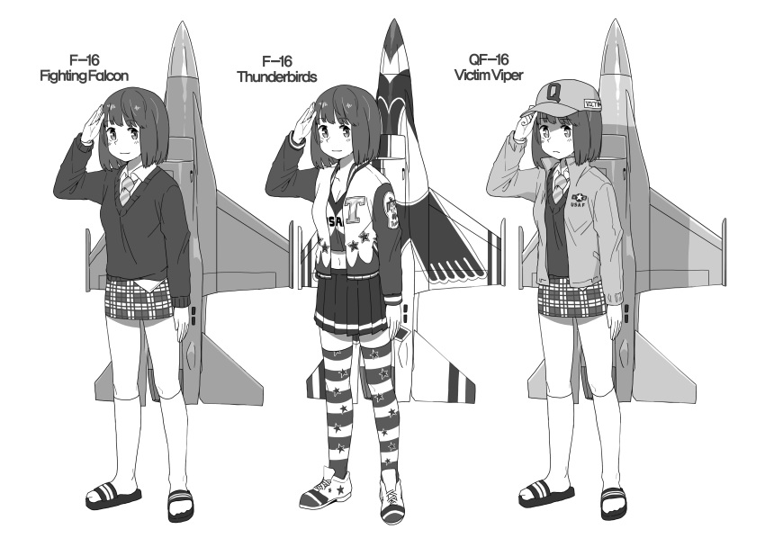 absurdres airplane anyan_(jooho) drone f-16 frown hat highres jacket military monochrome multiple_persona necktie personification salute sandals shoes smile sneakers socks star striped striped_legwear sweater thigh-highs thunderbirds_(team) us_air_force