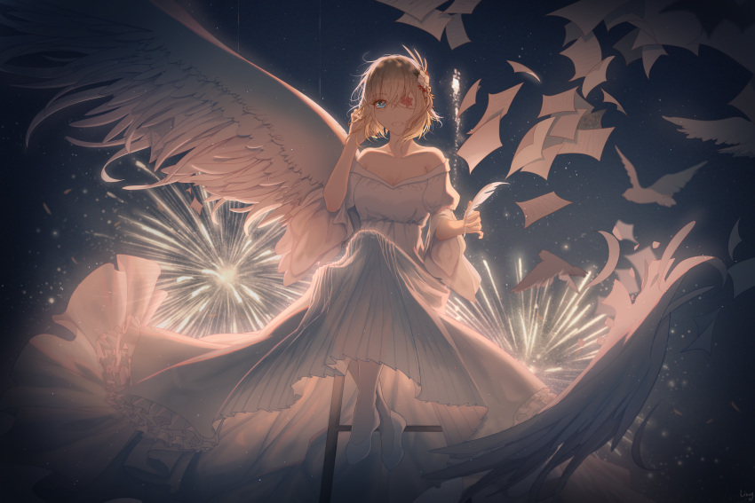 1girl bird blonde_hair blue_eyes breasts collarbone dress eyepatch fireworks flower hair_flower hair_ornament highres holding_feather lingmuqianyi looking_at_viewer medium_breasts night night_sky prince_of_wales_(warship_girls_r) short_hair short_sleeves single_wing sky solo strapless strapless_dress warship_girls_r white_dress white_feathers white_flower white_footwear white_legwear wings