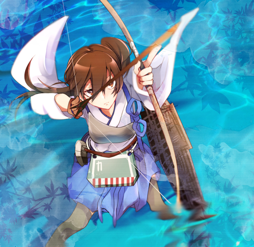 1girl aiming brown_hair commentary_request drawing_bow failure highres japanese_clothes kaga_(kantai_collection) kantai_collection long_hair multiple_girls pleated_skirt short_hair side_ponytail skirt solo yakusuke you're_doing_it_wrong