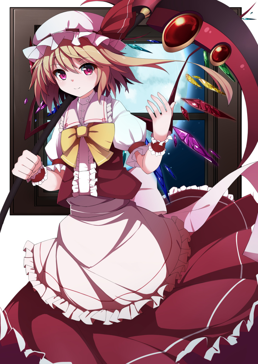 1girl adapted_costume blonde_hair bow flandre_scarlet hat hat_ribbon highres mob_cap pink_eyes puffy_short_sleeves puffy_sleeves ribbon satou_(3366_s) scythe shirt short_sleeves side_ponytail skirt skirt_set solo touhou vest wings wrist_cuffs