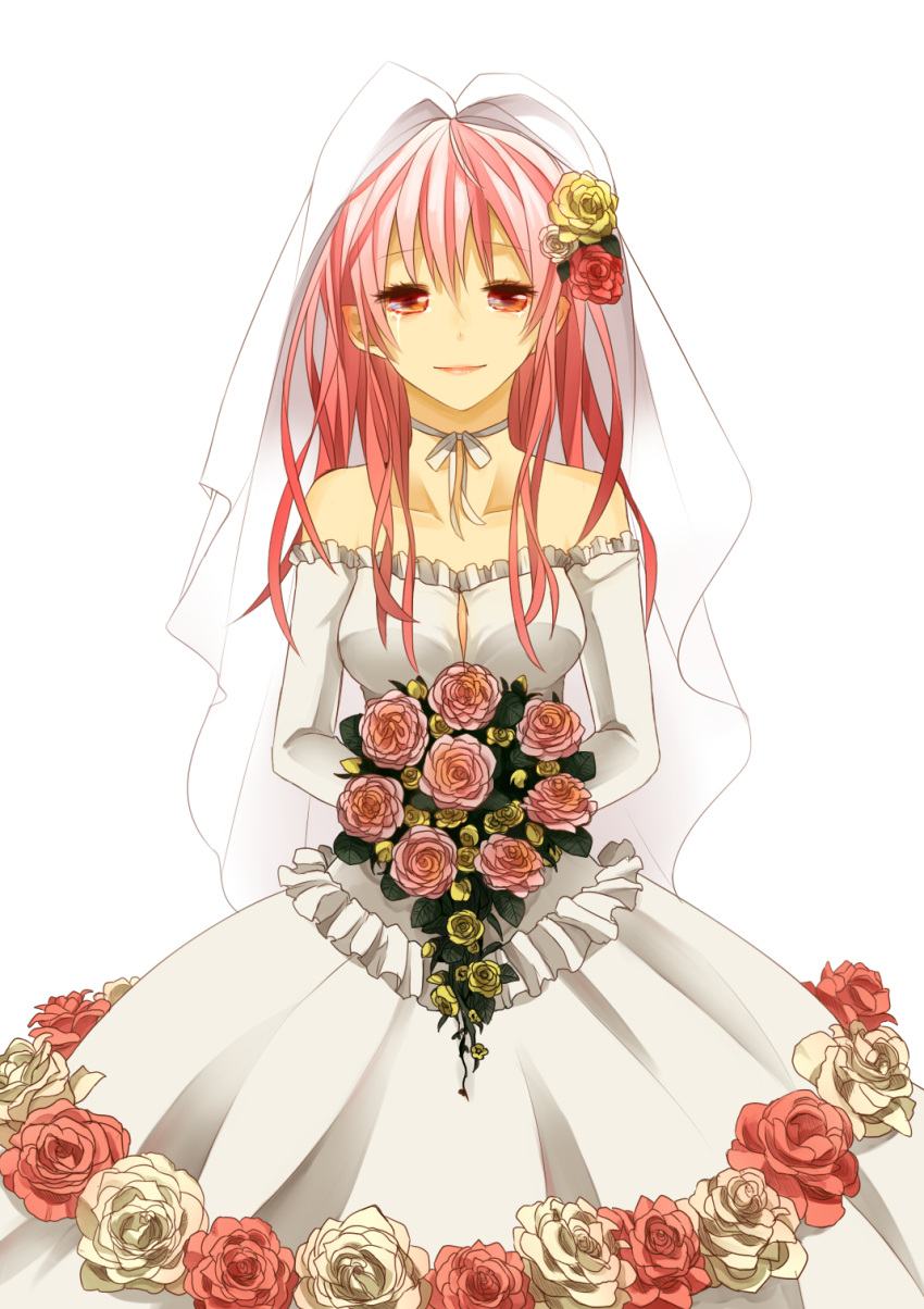 1girl bare_shoulders blush bouquet breasts bridal_veil bride cleavage crying crying_with_eyes_open detached_sleeves dress elbow_gloves flower gloves guilty_crown hair_ornament happy_tears highres long_hair looking_at_viewer minka pink_hair red_eyes smile solo tears veil veil_lift wedding_dress yuzuriha_inori