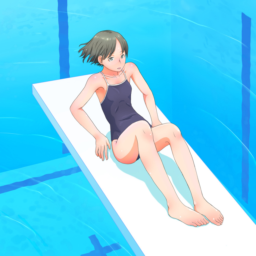 1girl barefoot black_eyes black_hair competition_school_swimsuit flash_tomo flat_chest highres legs one-piece_swimsuit original pool poolside short_hair sitting solo swimsuit water
