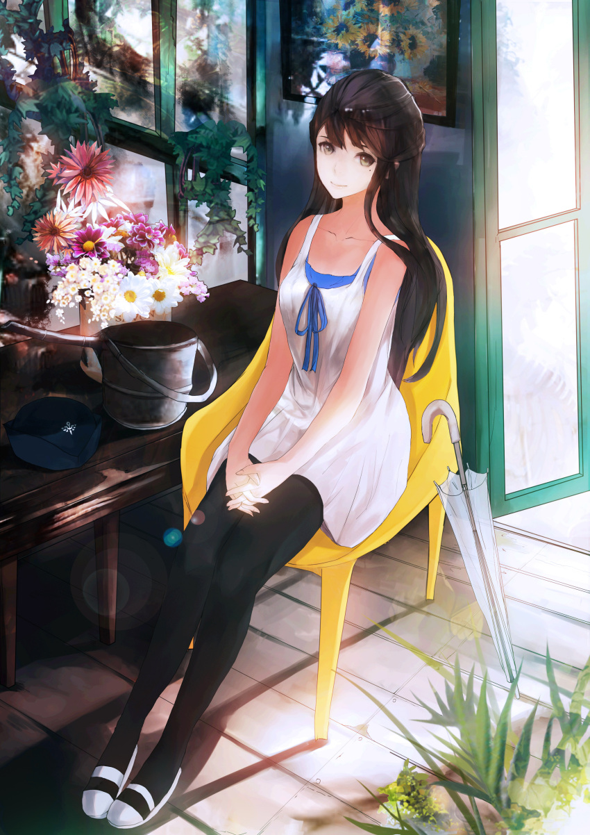 1girl absurdres bangs black_hair black_legwear blouse collarbone flower hands_clasped highres long_hair looking_at_viewer mole original pantyhose sitting smile solo sun_flare tagme umbrella very_long_hair yong_kit_lam