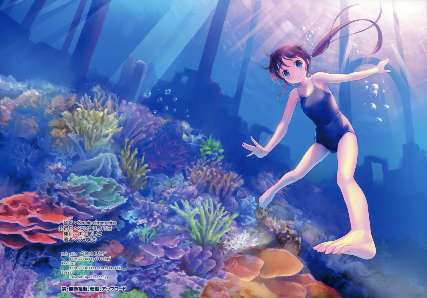 1girl :t absurdres air_bubble bare_legs bare_shoulders barefoot blue_eyes blush brown_hair bubble competition_school_swimsuit coral freediving highres holding_breath long_hair looking_at_viewer ocean one-piece_swimsuit original scan school_swimsuit smile solo swimming swimsuit takoyaki_(roast) twintails underwater water