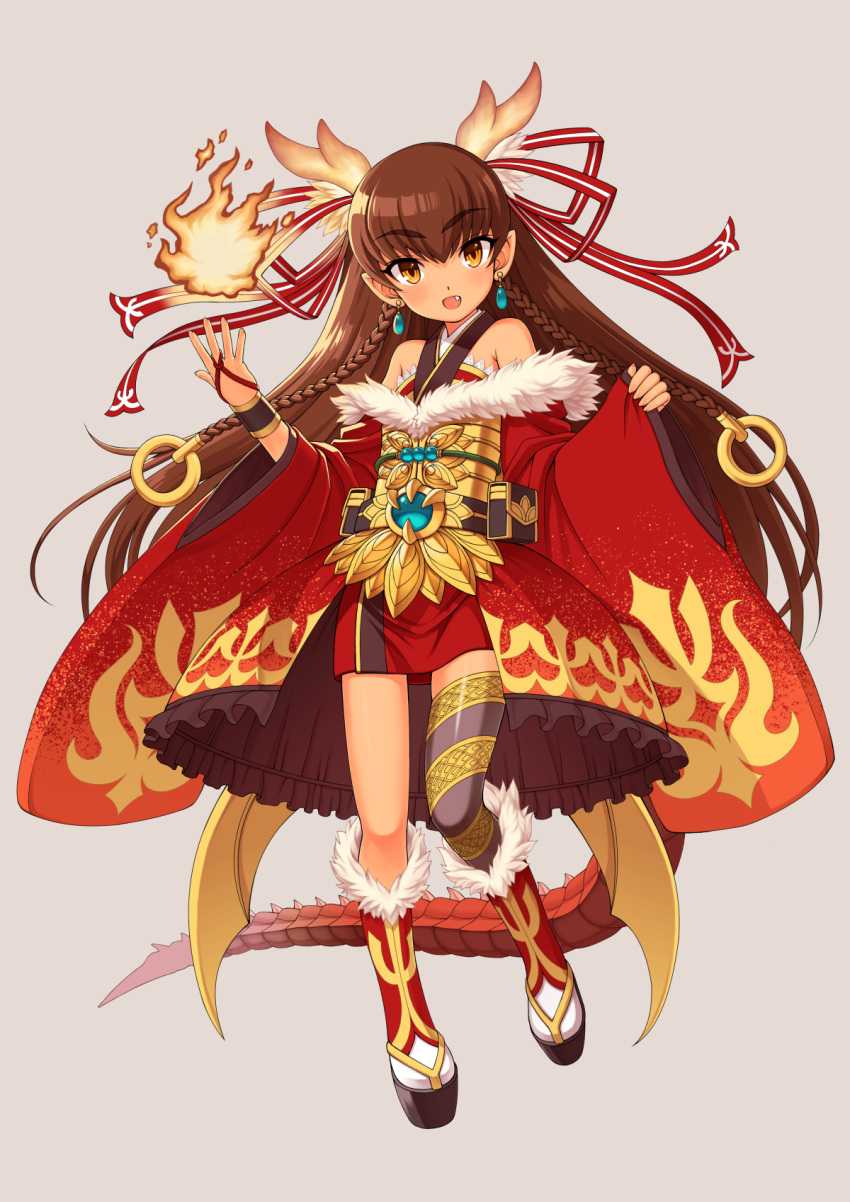 1girl asymmetrical_legwear bare_shoulders belt_pouch black_legwear brown_eyes brown_hair clog_sandals dragon_girl dragon_tail earrings eyebrows fire flat_chest frilled_skirt frills full_body fur_boots fur_trim highres horns japanese_clothes jewelry kimono long_hair looking_at_viewer nokia_(harusion) original pointy_ears pyrokinesis single_thighhigh skirt solo tail thigh-highs very_long_hair wrist_cuffs