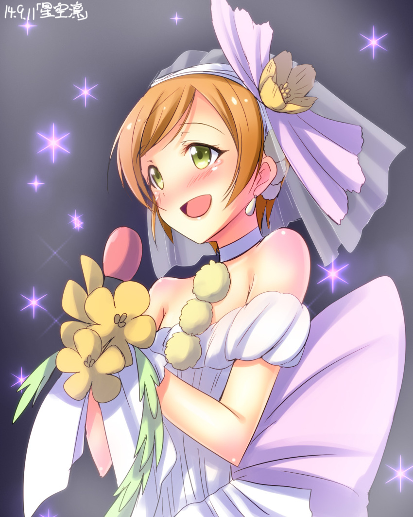 1girl :d bare_shoulders blush bouquet bust character_name choker dress earrings flower green_eyes highres hoshizora_rin jewelry love_live!_school_idol_project love_wing_bell microphone open_mouth orange_hair short_hair smile solo sparkle tears veil white_dress yu-ta
