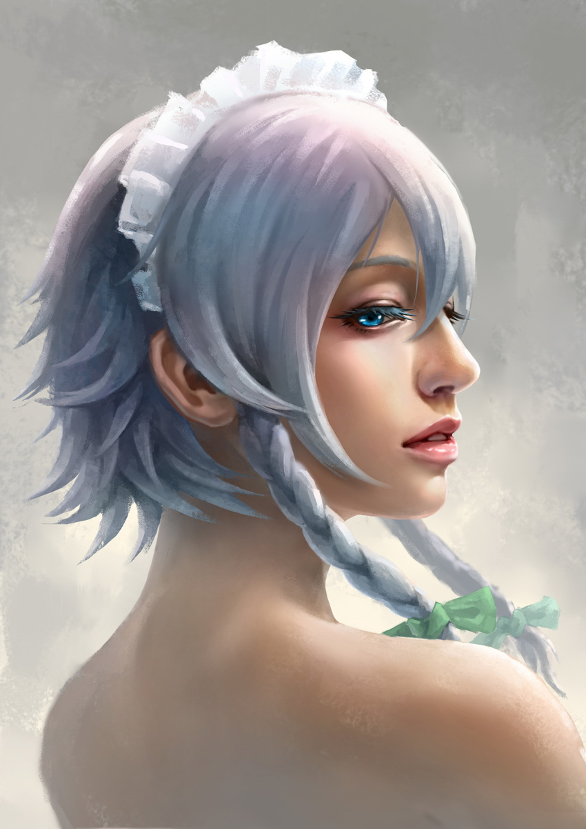 1girl bare_shoulders blue_eyes braid eyelashes from_behind grey_background hair_ribbon highres izayoi_sakuya lips looking_at_viewer looking_back maid_headdress nape nose nude pandawei parted_lips portrait realistic ribbon short_hair side_glance silver_hair solo touhou twin_braids