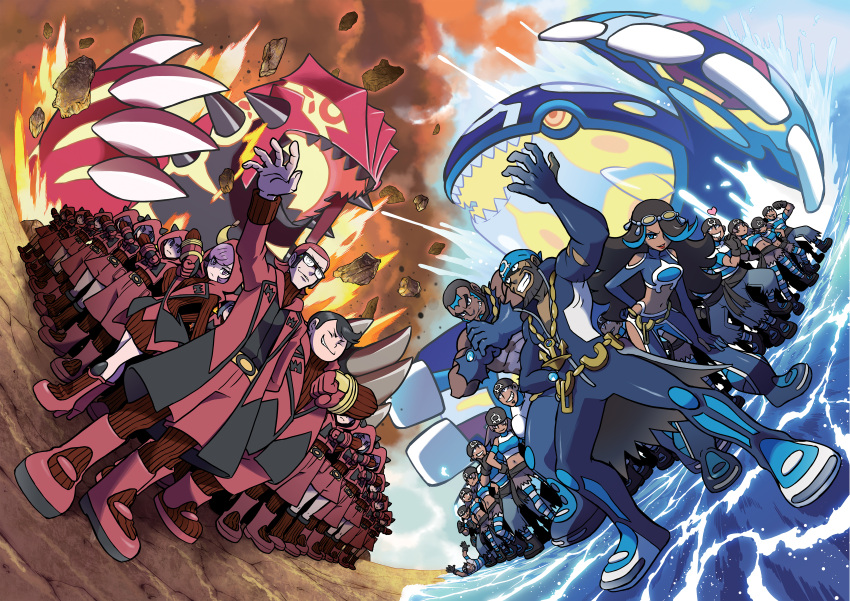 6+boys 6+girls absurdres anchor aogiri_(pokemon) aogiri_(pokemon)_(remake) bandana beard black_hair blue_eyes blue_hair boots claws closed_eyes crop_top debris facial_hair glasses gloves grin groudon hand_on_knee heart high_heels highres homura_(pokemon) homura_(pokemon)_(remake) huge_filesize izumi_(pokemon) izumi_(pokemon)_(remake) jewelry kagari_(pokemon) kagari_(pokemon)_(remake) kyogre lips lipstick long_hair makeup matsubusa_(pokemon) matsubusa_(pokemon)_(remake) midriff molten_rock monster multicolored_hair multiple_boys multiple_girls necklace ocean official_art oomura_yuusuke pokemon pokemon_(creature) pokemon_(game) pokemon_oras primal_groudon primal_kyogre purple_hair redhead sharp_teeth shirt short_hair smile smoke spikes splashing striped striped_legwear striped_shirt team_aqua team_aqua_grunt team_magma team_magma_grunt uniform ushio_(pokemon) violet_eyes water