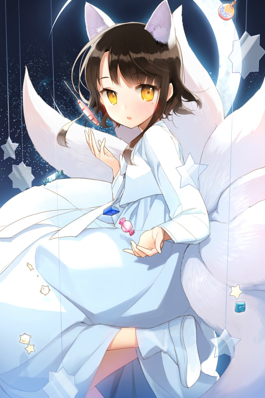 1girl alternate_costume animal_ears bangs brown_hair candy crescent_moon dress fox_ears fox_tail highres kitsune leg_up lollipop mole mole_under_eye moon night open_mouth outstretched_hand parted_bangs salt_(salty) short_hair sita_vilosa solo star sword_girls tail yellow_eyes