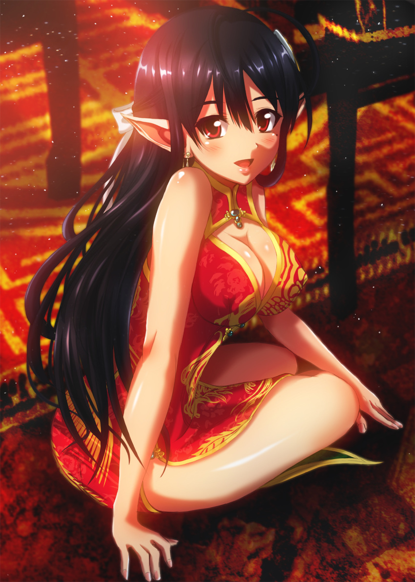 1girl black_hair breasts china_dress chinese_clothes cleavage earrings harukaze_bou highres jewelry katori_(pso2) long_hair mole mole_under_eye open_mouth phantasy_star phantasy_star_online_2 red_eyes