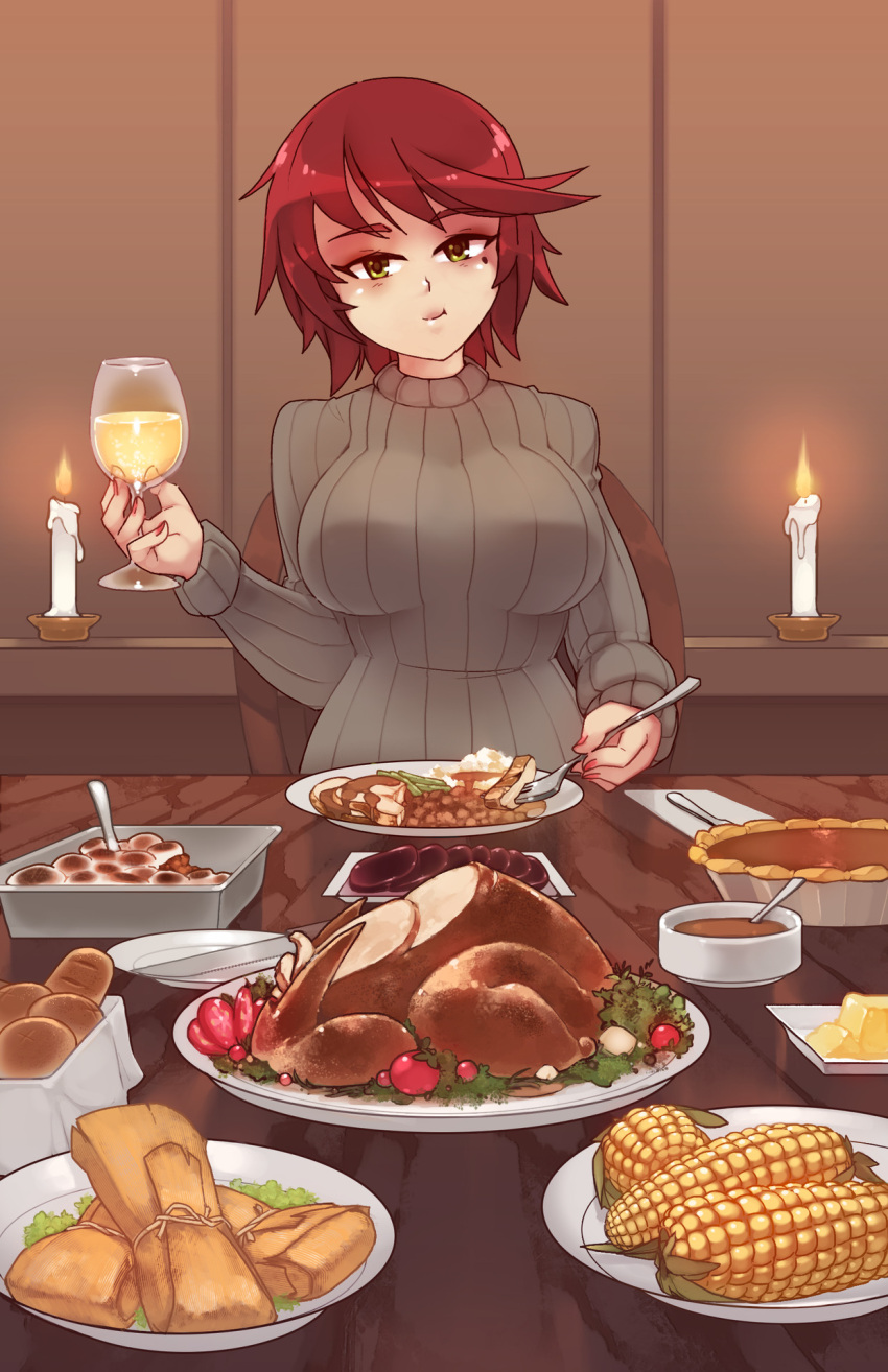 1girl :t bread butter candle commentary commission corn cup drinking_glass eba_rin english_commentary eyebrows_visible_through_hair food food_request fork green_eyes grey_sweater head_tilt highres holding holding_cup holding_fork kimi_no_iru_machi knife long_sleeves looking_at_viewer mole mole_under_eye nail_polish pie plate red_nails redhead ribbed_sweater rtil short_hair sitting smile solo sweater thanksgiving turkey_(food) turtleneck turtleneck_sweater