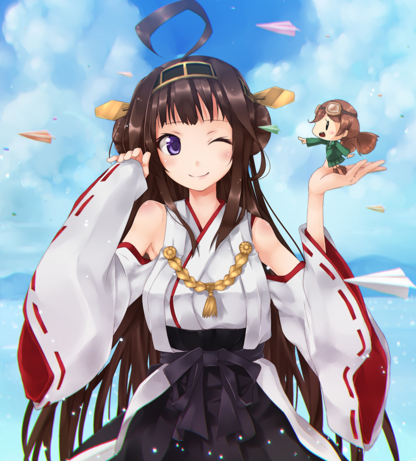1girl 2mota ;) ahoge aviator_glasses bare_shoulders blue_sky blush blush_stickers brown_hair brown_skirt detached_sleeves double_bun fairy_(kantai_collection) hairband headgear highres in_palm japanese_clothes kantai_collection kongou_(kantai_collection) long_hair minigirl nontraditional_miko one_eye_closed paper_airplane pleated_skirt pointing ribbon-trimmed_sleeves ribbon_trim skirt sky smile violet_eyes