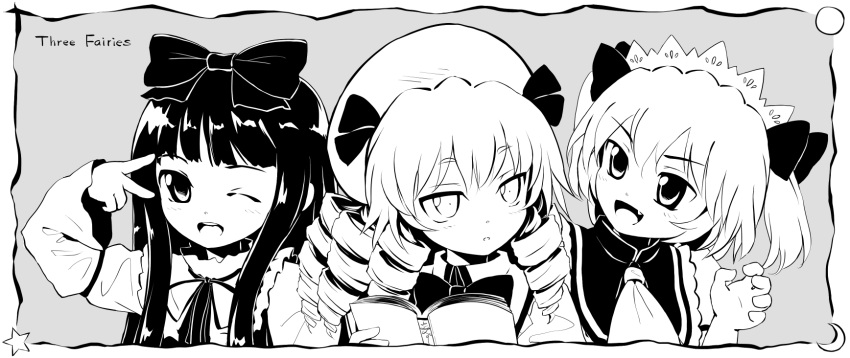 3girls book bow crescent_moon dress drill_hair fairy fang hair_bow hat highres kongari_(kngr) long_hair luna_child monochrome moon multiple_girls one_eye_closed open_mouth ribbon short_hair smile star star_sapphire sun sunny_milk touhou twintails v wings