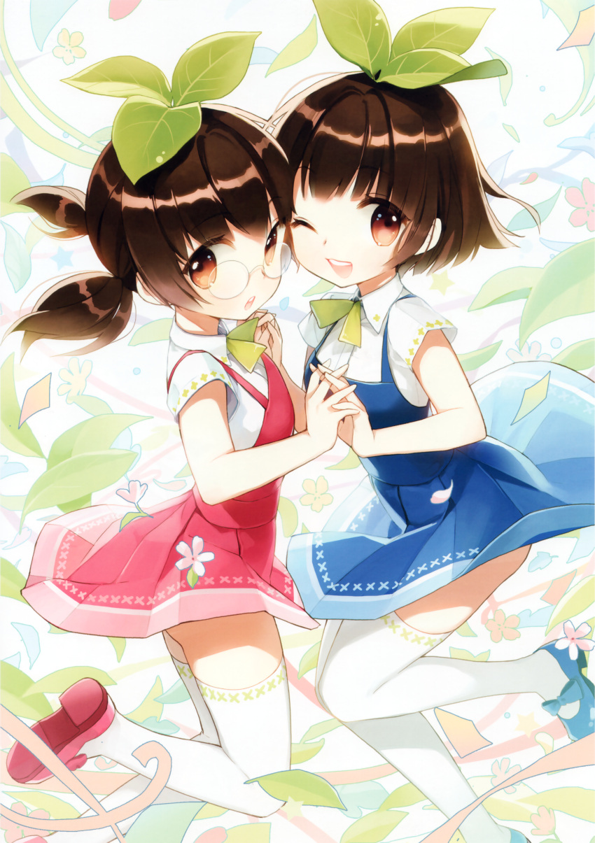 2girls ;d absurdres brown_eyes brown_hair collared_shirt flower glasses highres interlocked_fingers leaf leaf_on_head looking_at_viewer mary_janes multiple_girls one_eye_closed open_mouth original plant_on_head salt_(salty) shoes short_hair skirt smile thigh-highs twintails