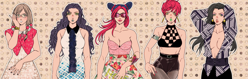 5girls alternate_costume black_hair breasts brown_hair cleavage denden_(denchankumatan) hirose_yasuho jojo_no_kimyou_na_bouken jojolion kuujou_jolyne lipstick lisa_lisa makeup multiple_girls redhead sunglasses trish_una yamagishi_yukako