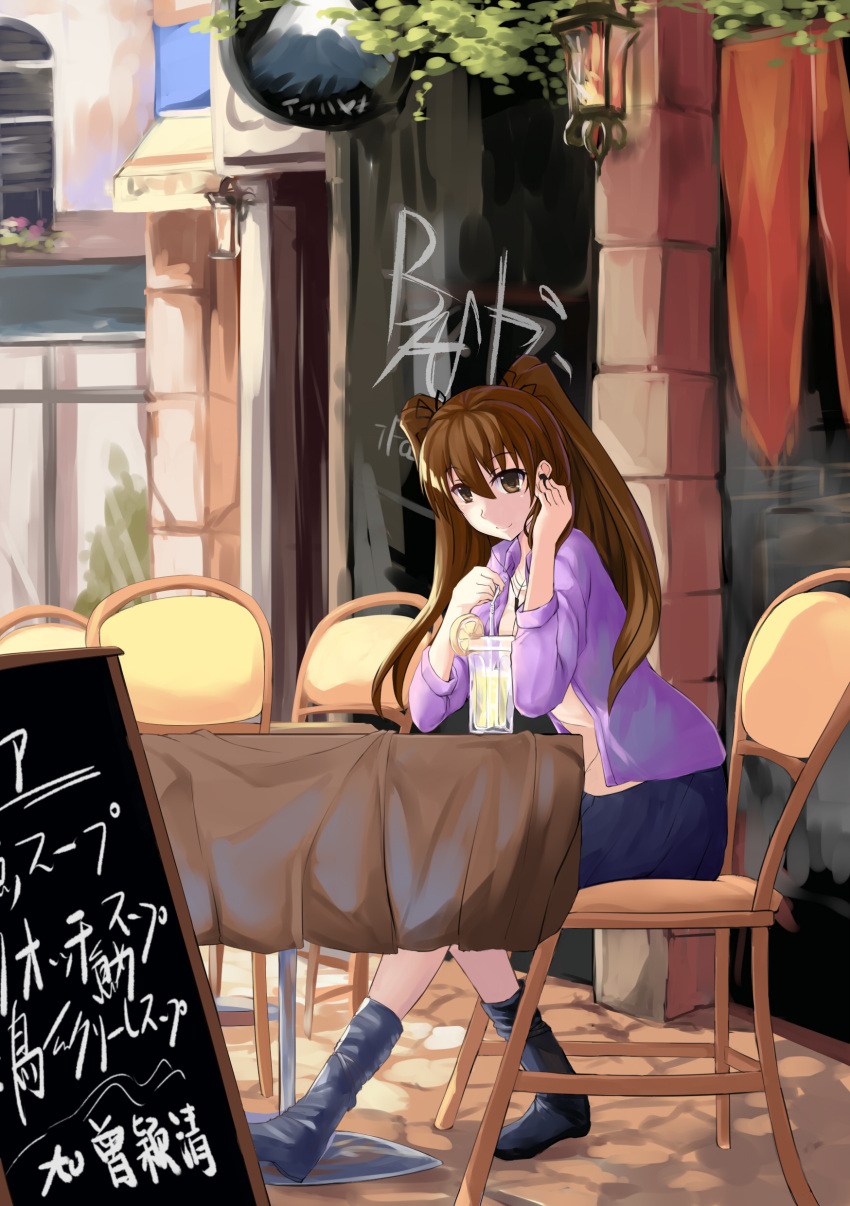 1girl absurdres bow brown_eyes brown_hair cafe casual chair hair_bow highres jacket long_hair lu_hao_liang ogiso_setsuna open_clothes open_jacket original shirt sign sitting skirt solo table twintails white_album_2