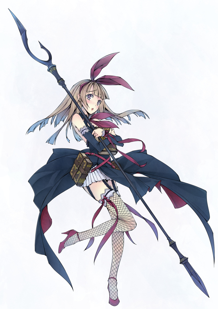 1girl bangs bare_shoulders black_legwear blonde_hair blunt_bangs blush book detached_sleeves dress f-ism fishnet_legwear fishnets garter_straps hair_ribbon highres long_hair murakami_suigun open_mouth original polearm ribbon shoes skirt solo spear thigh-highs violet_eyes weapon