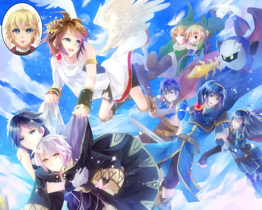 1girl 6+boys armor belt blonde_hair blue_eyes blue_hair book brown_hair cape dual_persona fire_emblem fire_emblem:_akatsuki_no_megami fire_emblem:_kakusei fire_emblem:_mystery_of_the_emblem flying gloves hat ike kid_icarus kirby_(series) krom link long_hair lucina marth mask meta_knight mirin_(tsmmkurabu) multiple_boys my_unit nintendo not_present pit_(kid_icarus) pointy_ears robe shoulder_pads shulk super_smash_bros. sword the_legend_of_zelda tiara toon_link twilight_princess weapon white_hair wince wind_waker wings xenoblade yellow_eyes