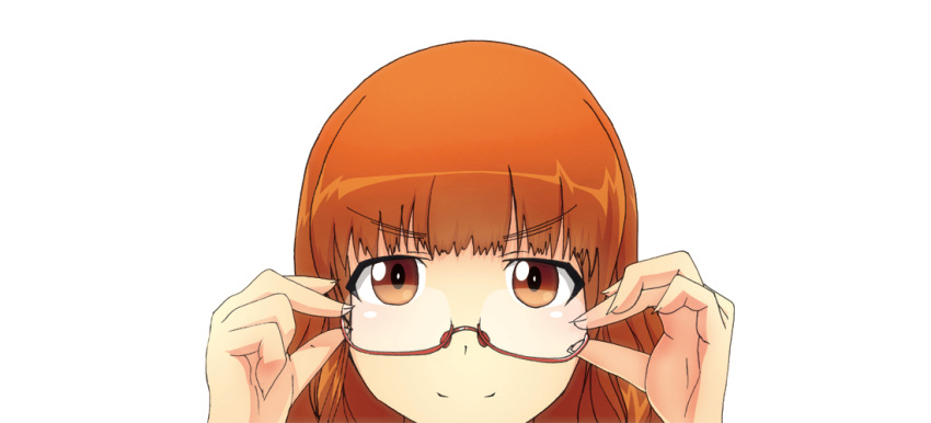 &gt;:) adjusting_glasses brown_eyes girls_und_panzer glasses kaya_(nari1-24) kilroy_was_here looking_over_glasses smile takebe_saori