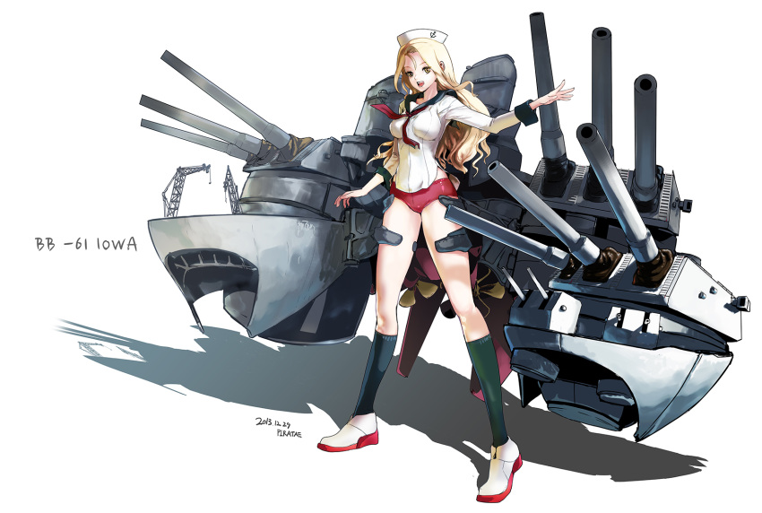 1girl blonde_hair brown_eyes buruma character_name dated dixie_cup_hat hat highres iowa kantai_collection long_sleeves looking_at_viewer military_hat neckerchief original piratarum sailor_collar shadow solo turret white_background