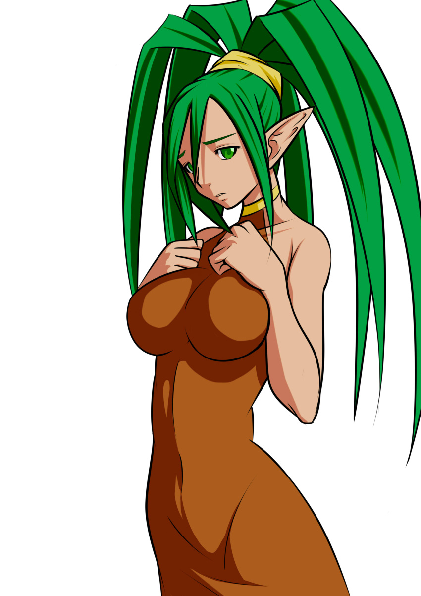 1girl absurdres anime_coloring big_hair bobu_(masdoudanuki) bodysuit breast_squeeze breasts dryad_(seiken_densetsu) green_eyes green_hair highres large_breasts long_hair personification pointy_ears seiken_densetsu seiken_densetsu_2 seiken_densetsu_3 solo