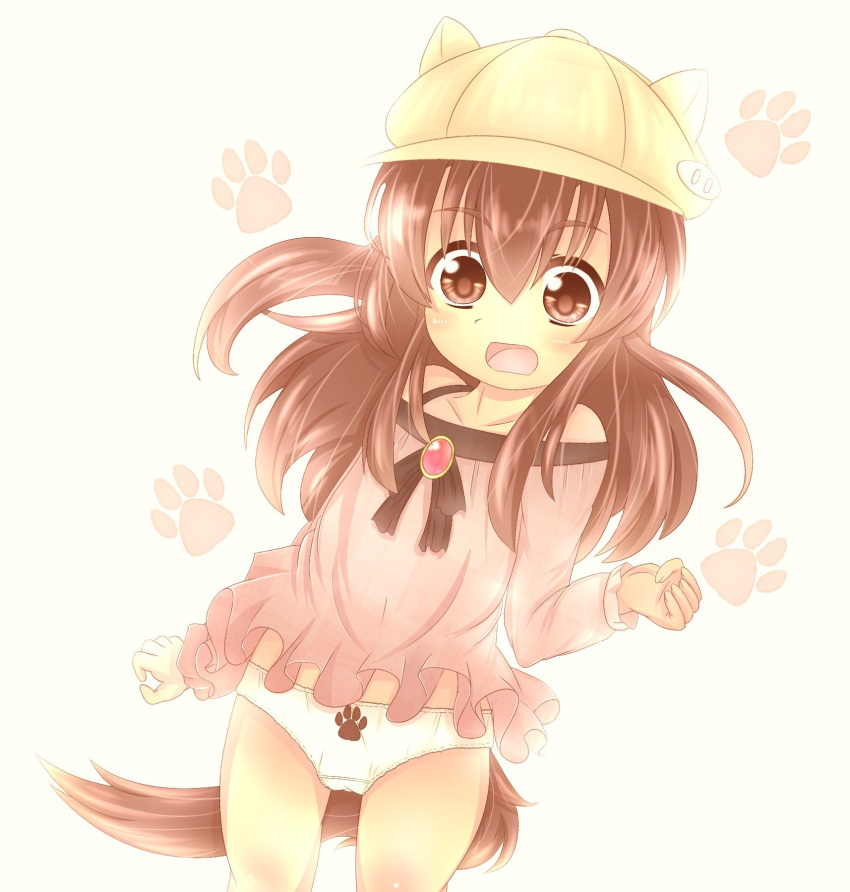 1girl akatsuki_no_guuru animal_ears arms_at_sides brown_eyes brown_hair child dress dress_lift hair_between_eyes hat hat_with_ears highres imaizumi_kagerou kindergarten long_hair looking_at_viewer open_mouth panties school_hat short_dress tail touhou underwear white_dress wolf_ears wolf_tail younger