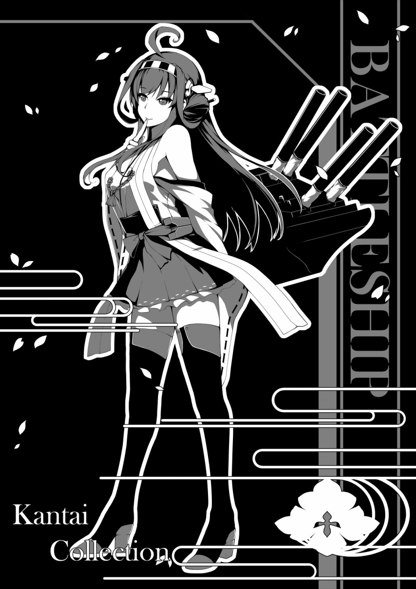 1girl ahoge bare_shoulders boots bow dean detached_sleeves double_bun finger_to_mouth full_body hairband highres kantai_collection kongou_(kantai_collection) lips long_hair long_sleeves machinery monochrome nontraditional_miko skirt solo thigh-highs thigh_boots turret zettai_ryouiki