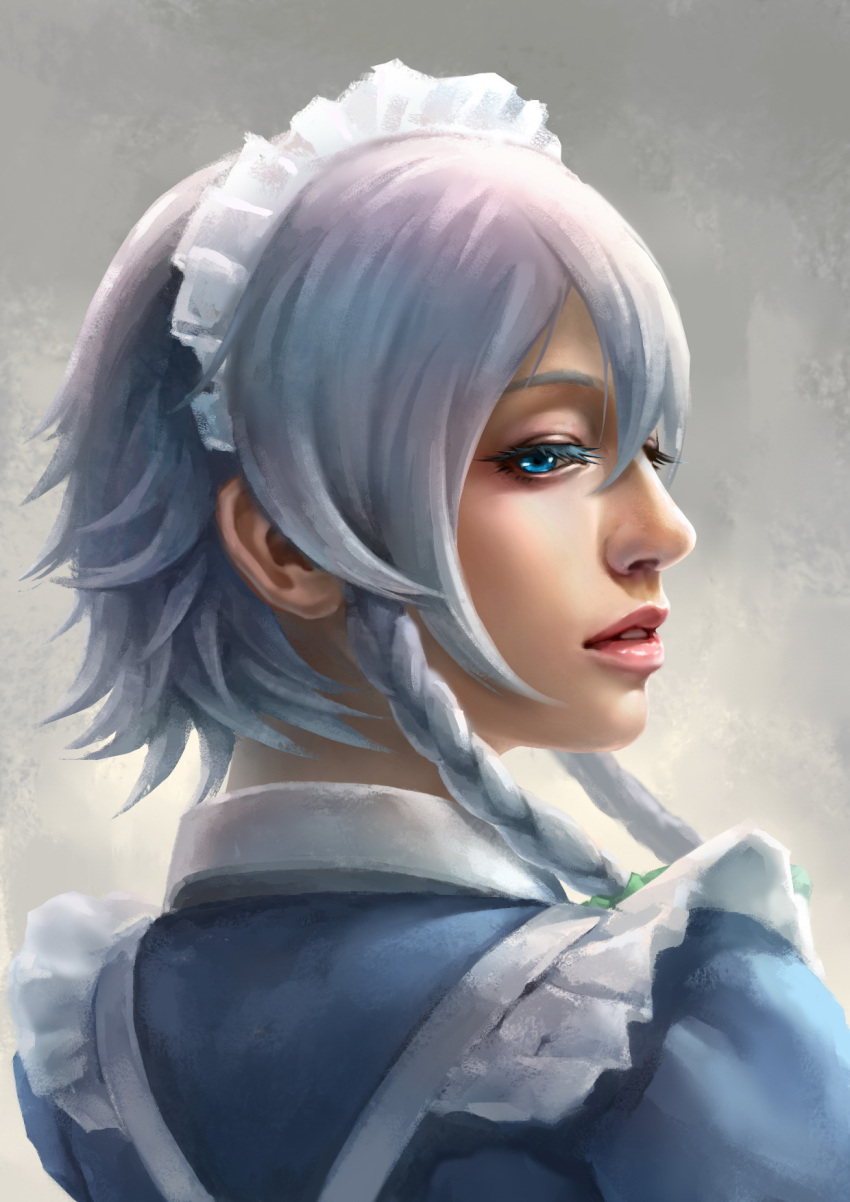 1girl blue_eyes braid eyelashes from_behind grey_background hair_ribbon highres izayoi_sakuya lips looking_at_viewer looking_back maid maid_headdress nose pandawei parted_lips portrait realistic ribbon short_hair side_glance silver_hair solo touhou twin_braids