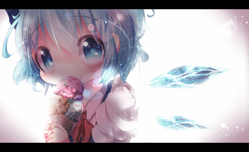 1girl akisha backlighting blue_dress blue_eyes blue_hair bow bust cirno dress face food hair_bow highres ice ice_cream ice_cream_cone ice_wings letterboxed looking_at_viewer puffy_short_sleeves puffy_sleeves shirt short_sleeves solo sparkle touhou wings