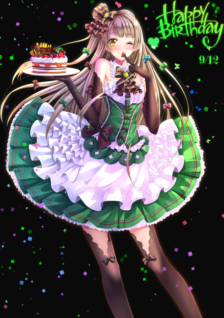 1girl bare_shoulders black_gloves black_legwear blush bow brown_hair cake dress elbow_gloves food fruit gloves green_dress hair_bow happy_birthday highres long_hair looking_at_viewer love_live!_school_idol_project minami_kotori one_eye_closed pastry side_ponytail skirt smile solo strawberry swordsouls thigh-highs yellow_eyes