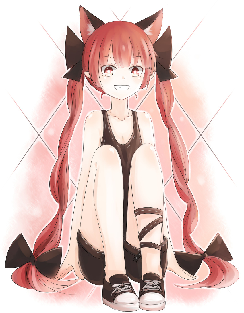 1girl aaaabo absurdres alternate_costume animal_ears bare_shoulders braid cat_ears collarbone extra_ears grin hair_ribbon highres kaenbyou_rin leg_ribbon long_hair looking_at_viewer no_socks pointy_ears red_eyes redhead ribbon shoes shorts sitting smile sneakers solo tank_top touhou twin_braids very_long_hair