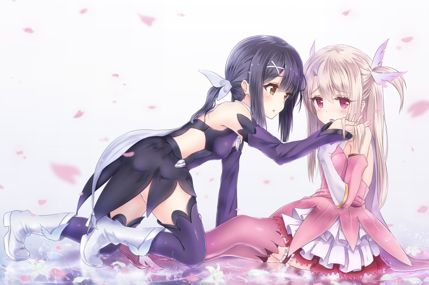2girls alc_(ex2_lv) all_fours arm_support blush boots detached_sleeves fate/kaleid_liner_prisma_illya fate_(series) flower hair_ornament hair_ribbon hand_in_another's_hair highres illyasviel_von_einzbern lily_(flower) long_hair magical_girl miyu_edelfelt multiple_girls petals pink_eyes pink_legwear prisma_illya purple_legwear ribbon silver_hair sitting thigh-highs thigh_boots two_side_up yellow_eyes