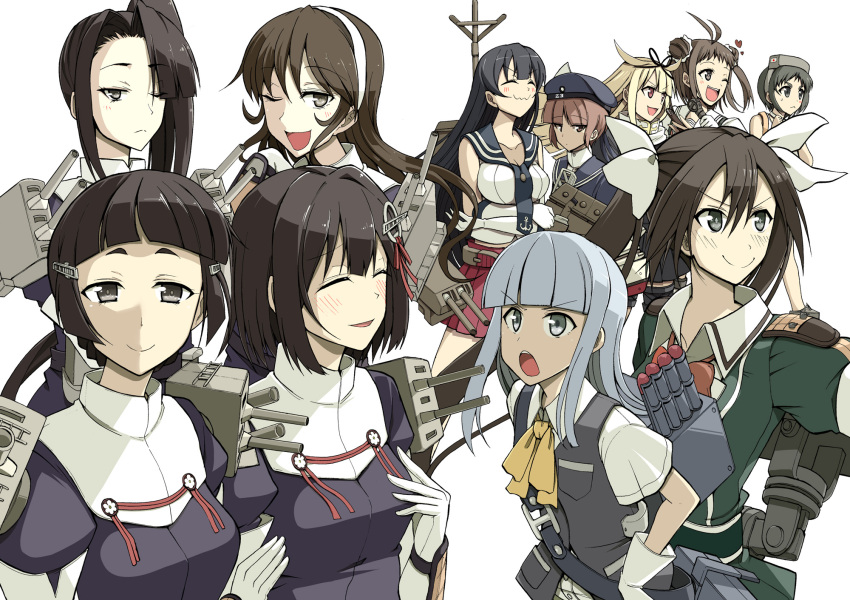 &gt;:o 6+girls :o ^_^ agano_(kantai_collection) ahoge aqua_hair ashigara_(kantai_collection) bangs bare_shoulders black_hair blonde_hair blunt_bangs blush bowtie brown_hair closed_eyes crossed_arms double_bun gloves goggles goggles_on_head haguro_(kantai_collection) hair_flaps hair_ribbon hands_on_hips hat hatsukaze_(kantai_collection) highres kantai_collection long_hair looking_at_viewer machinery maru-yu_(kantai_collection) military military_uniform multiple_girls myoukou_(kantai_collection) nachi_(kantai_collection) naka_(kantai_collection) neckerchief one_eye_closed open_mouth pleated_skirt red_skirt ribbon sailor_collar sailor_hat scarf school_uniform short_hair side_ponytail simple_background skirt smile tone_(kantai_collection) tsuji_kazuo twintails uniform vest wavy_mouth white_background white_gloves white_scarf yuudachi_(kantai_collection) z3_max_schultz_(kantai_collection)