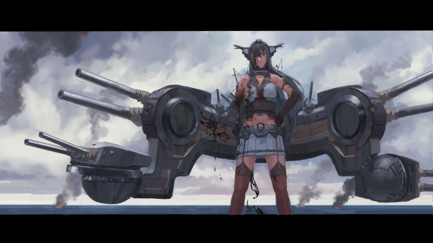 1girl absurdres airplane bare_shoulders battleship blue_sky brown_eyes brown_hair cannon clouds cloudy_sky damaged fingerless_gloves frown gloves headgear headpiece highres injury kantai_collection long_hair machinery nagato_(kantai_collection) ocean oil onjo_(nkmr) severed_arm severed_limb skirt sky smoke solo thigh-highs very_long_hair water wind wound