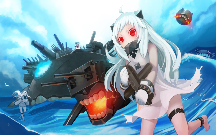 3girls afloat ahoge airplane bird clouds cloudy_sky damaged detached_sleeves dress elrowa floating glowing highres holding horn horns kantai_collection long_hair looking_at_viewer machinery mittens multiple_girls northern_ocean_hime nu-class_light_aircraft_carrier ocean pale_skin propeller seagull seaport_hime shinkaisei-kan sky turret walking_on_water water white_dress white_hair wo-class_aircraft_carrier