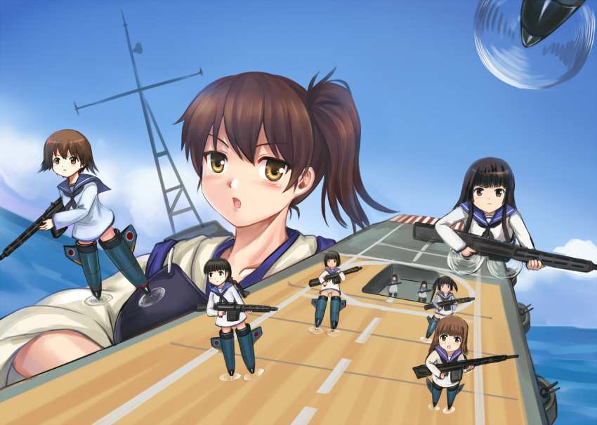 6+girls aircraft_carrier armor black_eyes black_hair braid brown_eyes brown_hair crossover fairy_(kantai_collection) gun japanese_clothes kaga_(kantai_collection) kantai_collection machinery miyafuji_yoshika multiple_girls muneate open_mouth panties side_ponytail strike_witches striker_unit turret twintails underwear weapon white_panties y.ssanoha