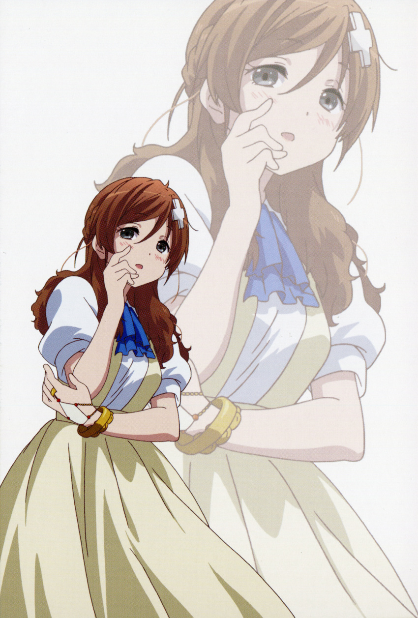 1girl absurdres black_eyes blush bracelet brown_hair chuunibyou_demo_koi_ga_shitai! dress hand_on_own_cheek hand_on_own_elbow highres jewelry long_hair official_art open_mouth solo tokugawa_natsumi zoom_layer