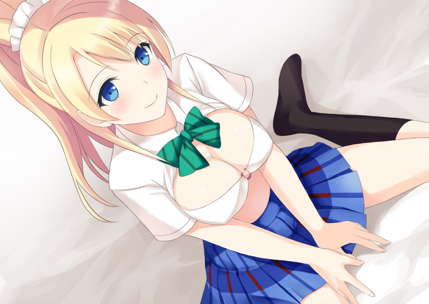 1girl ayase_eli bed_sheet between_legs blonde_hair blue_eyes blue_skirt bow breasts choker cleavage_cutout cocona_(coconacafe) hair_bow hand_between_legs long_ponytail looking_at_viewer love_live!_school_idol_project midriff miniskirt o-ring_top pleated_skirt ponytail ribbon_choker sitting skirt smile solo wariza